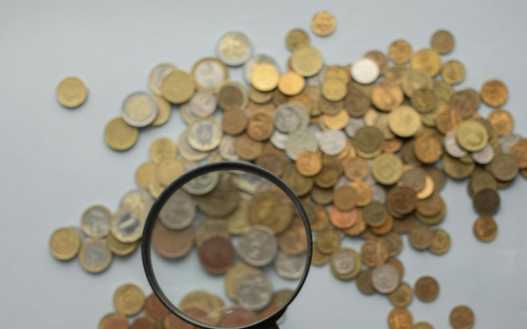 Eine Lupe über einer Weltkarte aus Münzen. Die Lupe liegt über Österreich.