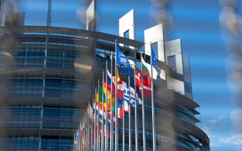Die EU-Flagge und die der Mitgliedsstaaten wehen vor einem Gebäude im Wind.