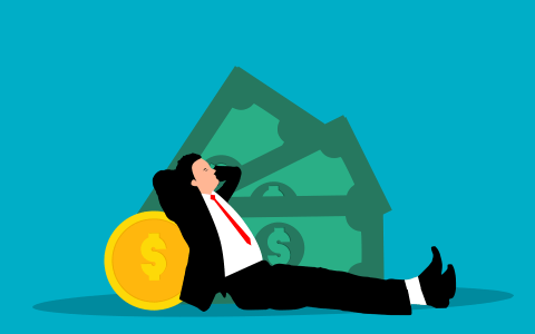 Eine Grafik zeigt einen Mann im Anzug, der vor einem riesigen Büschel Geldscheinen auf dem Boden sitzt. Während er enspannt an einer großen Münze lehnt, verschränkt er seine Hände hinter dem Kopf und schließt die Augen. 