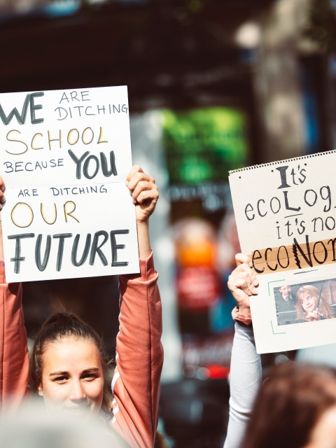 Foto von einer Demo gegen die Klimakrise, Schild: We are ditching school because you are ditching our future"