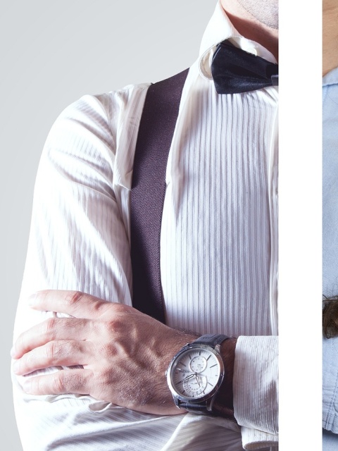 Das Bild zeigt eine zweigeteilte Person mit verschränkten Armen in Büro-Kleidung. Links ein Mann mit Hosenträgern und Fliege, rechts eine Frau mit Zopf und Bluse. Zu sehen ist jeweils nur der Oberkörper, vom Kiinn bis zum Ellbogen.