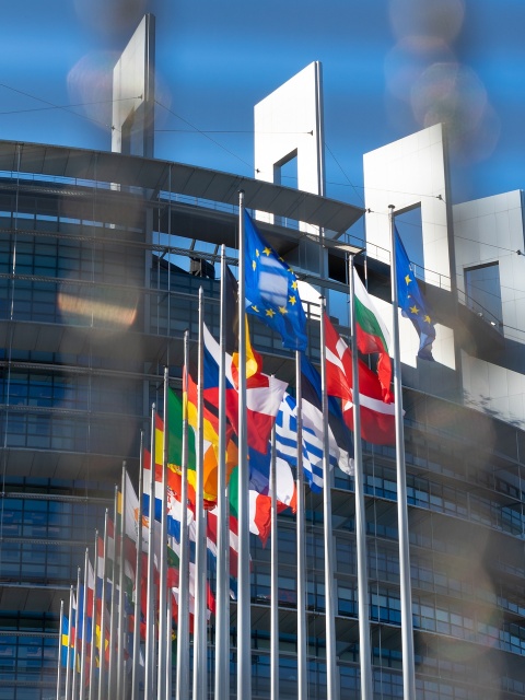 Die EU-Flagge und die der Mitgliedsstaaten wehen vor einem Gebäude im Wind.
