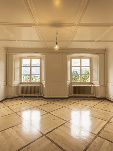 Lukrativer Leerstand: Zu sehen ist ein leerer Raum mit edlem Parkettboden, heller Holzvertäfelung, zwei Fenstern und einer dunklen Vollholztür. 