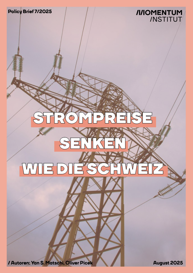 Dieses Bild zeigt das Cover des Policy Briefs des Momentum Instituts. Der Titel lautet: Strompreise senken wie die Schweiz.