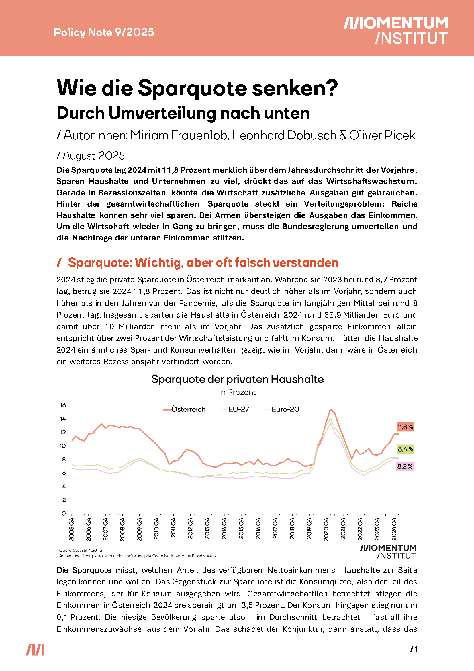 Das Bild zeigt die erste Seite der Policy Note 'Wie die Sparquote senken?"