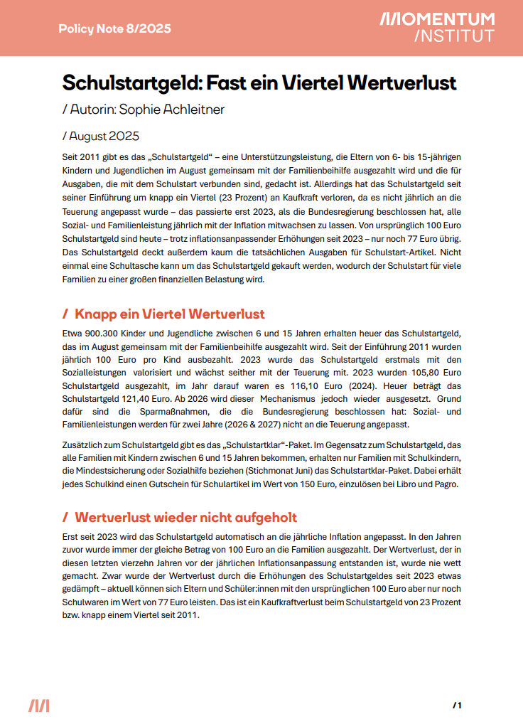 Dieses Bild zeigt das Cover einer Policy Note des Momentum Instituts. Der Titel der Publikation lautet: "Schulstartgeld: Fast ein Viertel Wertverlust."