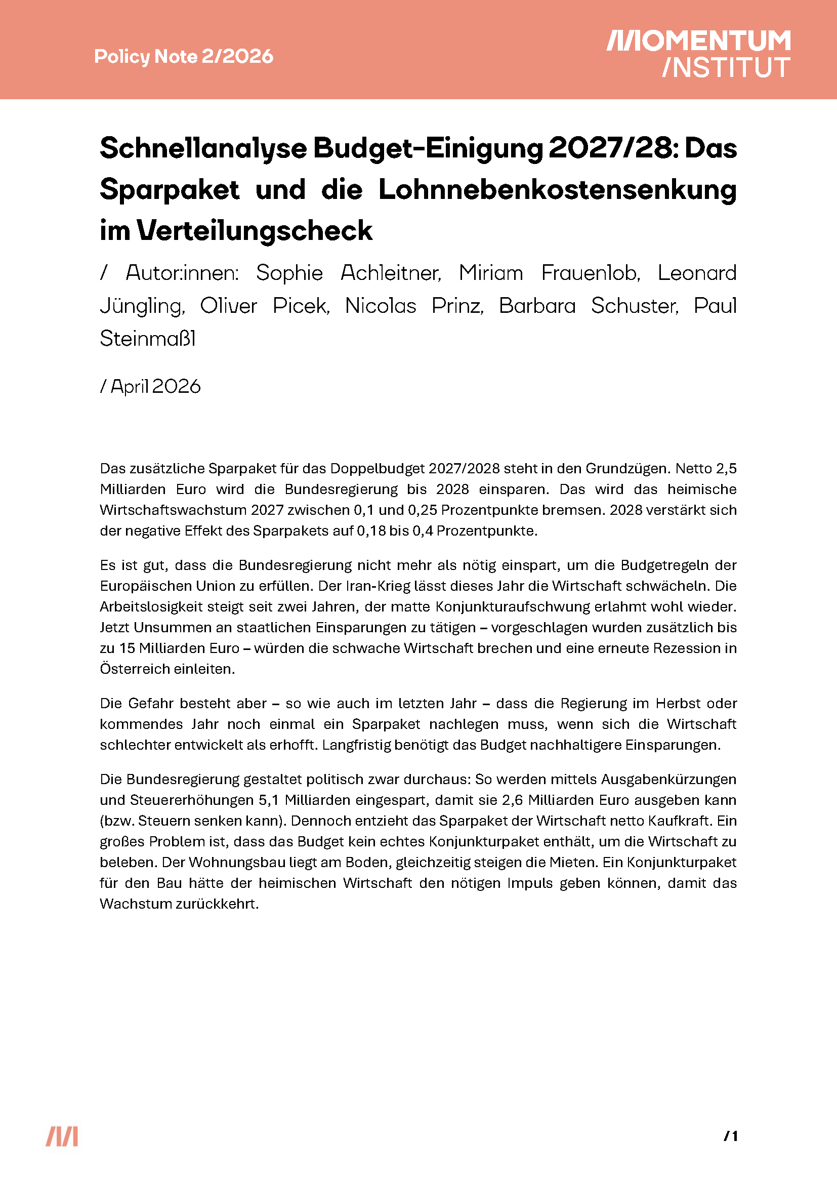 Cover der Policy Note Schnellanalyse Budget 2027-2028