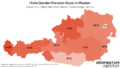 Österreichkarte mit dem Gender Pension Gap nach Bundesland. Die höchste Lücke besteht in Vorarlberg mit 46 Prozent, die niedrigste in Wien mit 27 Prozent.